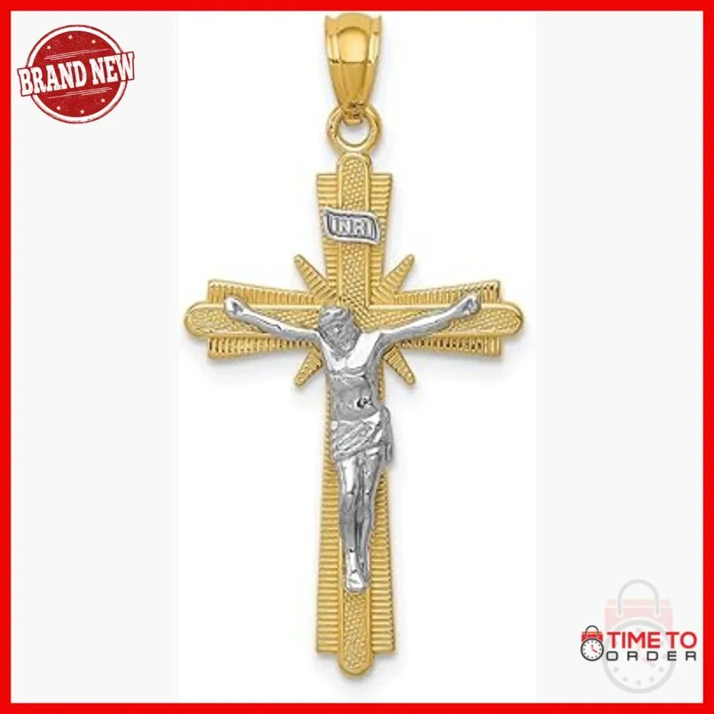 14k Gold Crucifix Pendant with Fleur de Lis Cross INRI Detail Religious Necklace